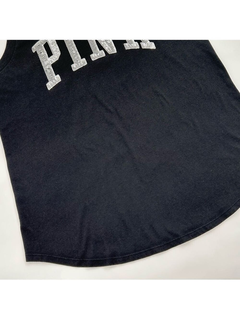 Victoria's Secret PINK Black Sequin Logo Racerback Tank Top Small - Picture 6 of 11